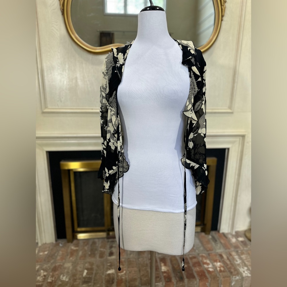 Vintage Nina‎ Piccalino Sheer Floral Tie Front Ruffle Jacket Top M - Picture 9 of 10